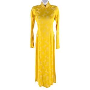 yellow floral jacquard Vietnamese Ao Dai tunic